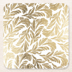 Elegant white gold modern floral damask square paper coaster