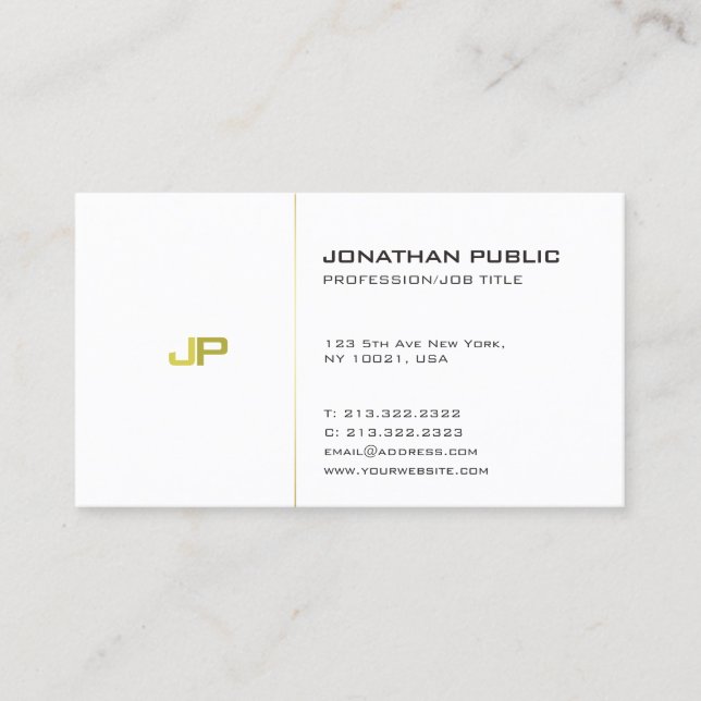 Elegant White Gold Modern Simple Plain Monogram Business Card (Front)