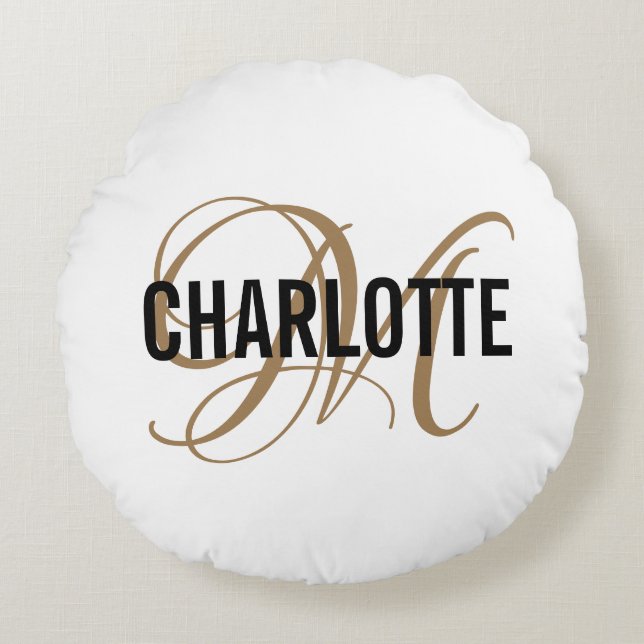Elegant white gold monogram name round pillow (Front)