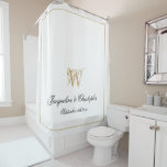 Elegant White Gold Monogram Names Newlywed Wedding<br><div class="desc">Elegant White Gold Monogram Names Newlywed Wedding Shower Curtain. Personalized white and gold monogrammed Shower Curtain with classic script for the initial, the names of the bride and groom and the wedding date on a classy chic white background. Perfect gift for newly weds, or beautiful for your own bathroom. Click...</div>