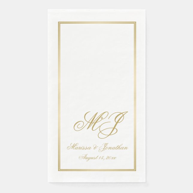 Elegant White Gold Monogram Script Wedding Napkin (Front)