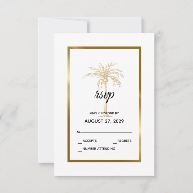 Elegant White Gold Palm Tree Modern Wedding RSVP Card (Front)