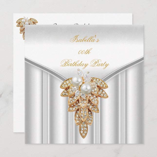 Elegant White Gold Pearl Birthday Party Invitation (Front/Back)