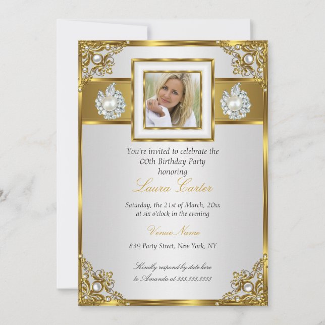 Elegant White Gold Pearl Damask Photo Birthday Invitation (Front)