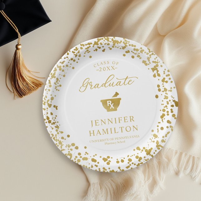 Elegant White Gold Pharmacy School Graduation Paper Plate (Creator Uploaded)