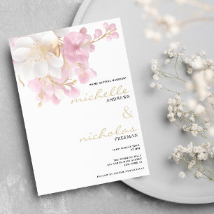 Elegant white gold pink glitter floral wedding invitation