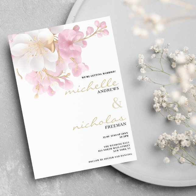 Elegant white gold pink glitter floral wedding invitation (Elegant white gold pink glitter floral wedding)
