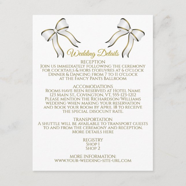 Elegant White & Gold Ribbon Wedding Details Enclosure Card (Front)