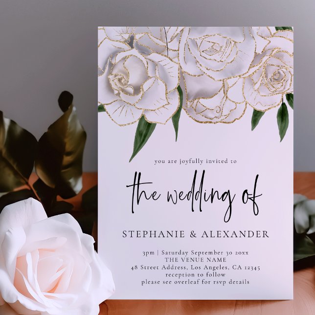 Elegant White Gold Rose QR Code Wedding Invitation (Creator Uploaded)