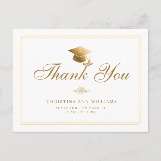 Elegant White Gold Script Graduation Thank You Postcard (Front)