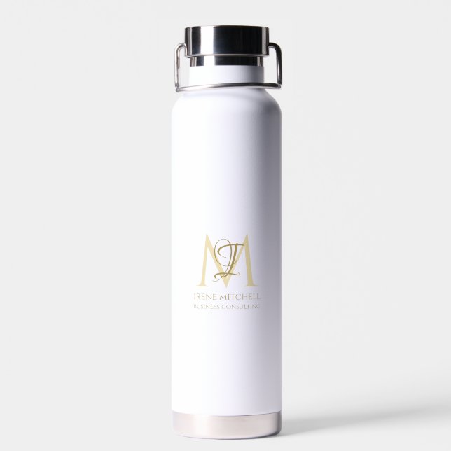 Elegant White Gold Simple Monogram Name Water Bottle (Back)