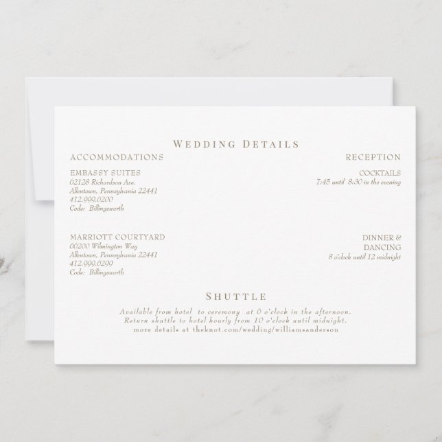 Elegant White & Gold Text Wedding Details Invitation (Front)