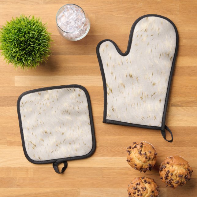Elegant White Gold Wedding Oven Mitt & Pot Holder Set (Top Down)