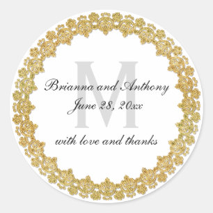 Elegant White & Gold Wedding Sticker with Monogram