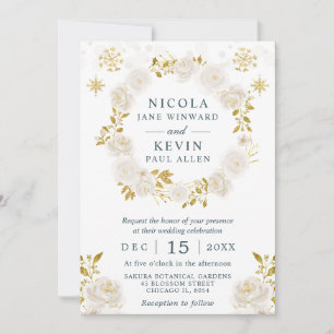 Elegant White & Gold Winter Floral Wreath Wedding Invitation