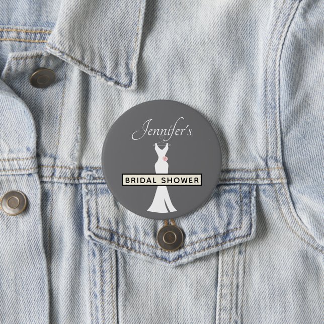 Elegant White Gown on Grey - Stylish Bridal Shower 3 Inch Round Button (In Situ)