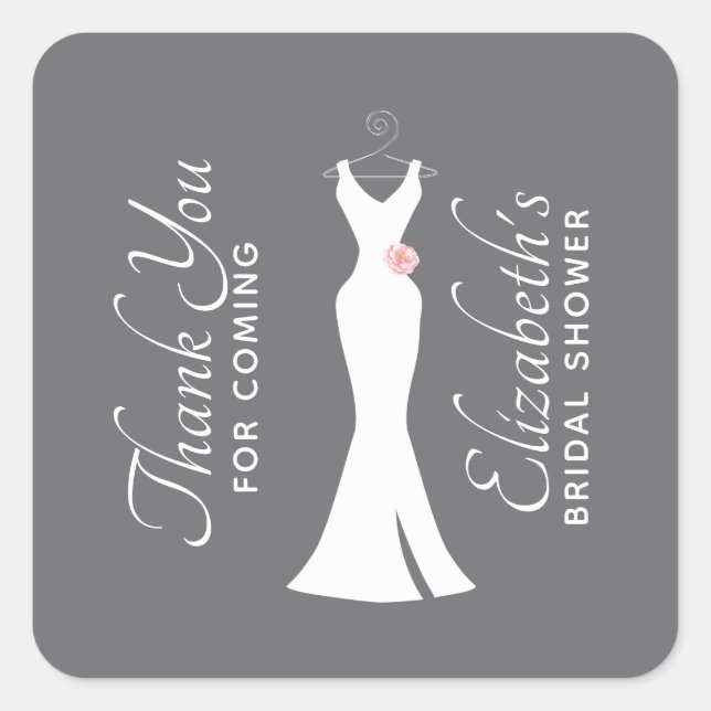 Elegant White Gown on Grey - Stylish Bridal Shower Square Sticker (Front)