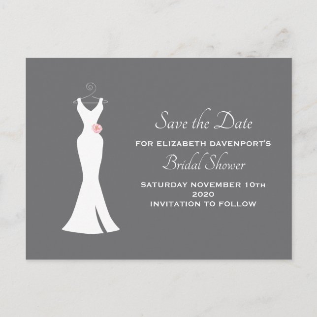 Elegant White Gown on Grey - Stylish Save the Date Invitation Postcard (Front)