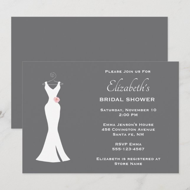 Elegant White Gown on Grey Stylish Simple Bridal Invitation (Front/Back)