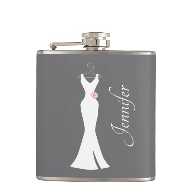 Elegant White Gown on Grey - Stylish Simple Design Hip Flask (Front)