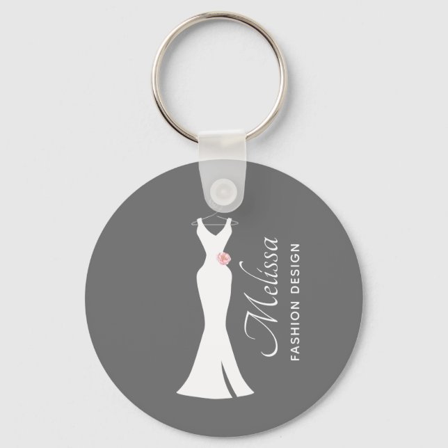 Elegant White Gown on Grey - Stylish Simple Design Keychain (Front)