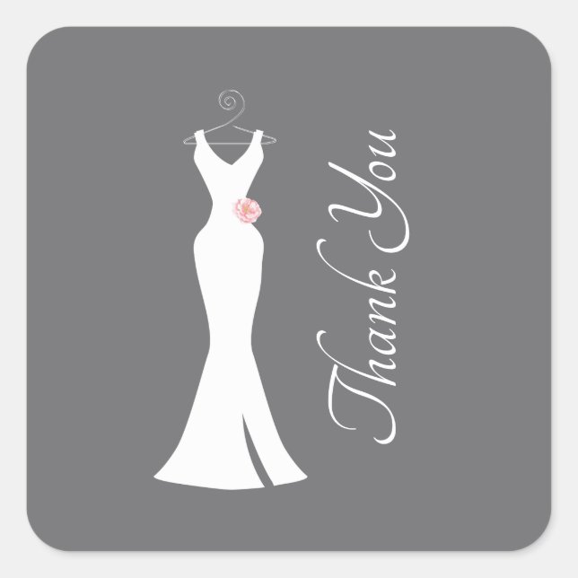 Elegant White Gown on Grey - Stylish Thank You Square Sticker (Front)