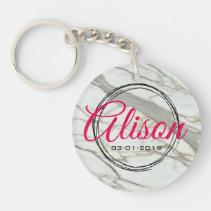 Elegant white granite custon name and birth date keychain