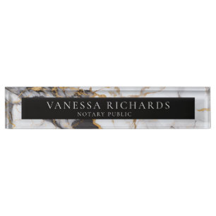 Elegant White Gray Gold Marble Notary Black  Nameplate