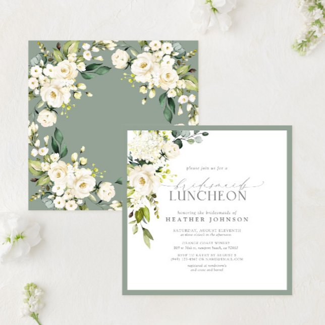 Elegant White Gray Green Floral Bridal Luncheon Invitation (Creator Uploaded)