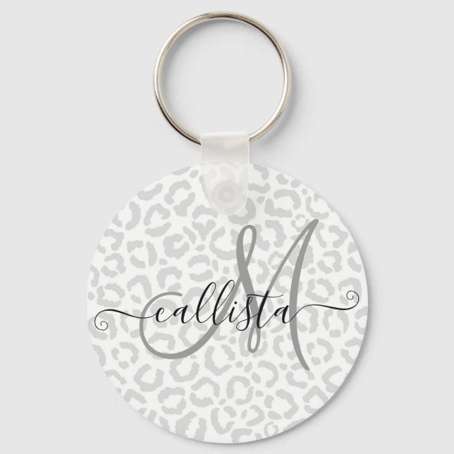 Elegant White Gray Leopard Cheetah Animal Print Keychain (Front)