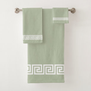 Elegant White Greek Pattern on Sage Green Bath Towel Set