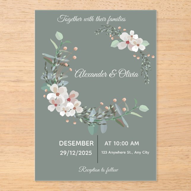 Elegant White & Green Acrylic Wedding Invitation (Front)