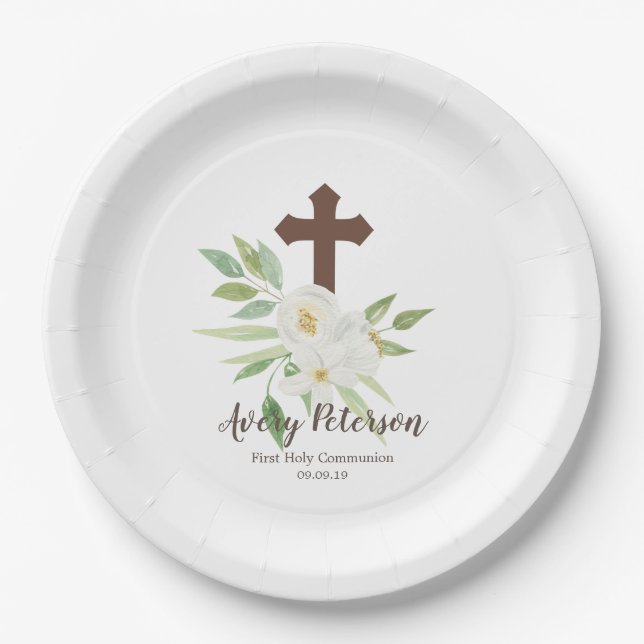 Elegant White & Green Floral First Holy Communion Paper Plate (Front)