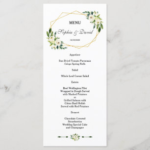 Elegant White Green Floral Gold Frame Wedding Menu