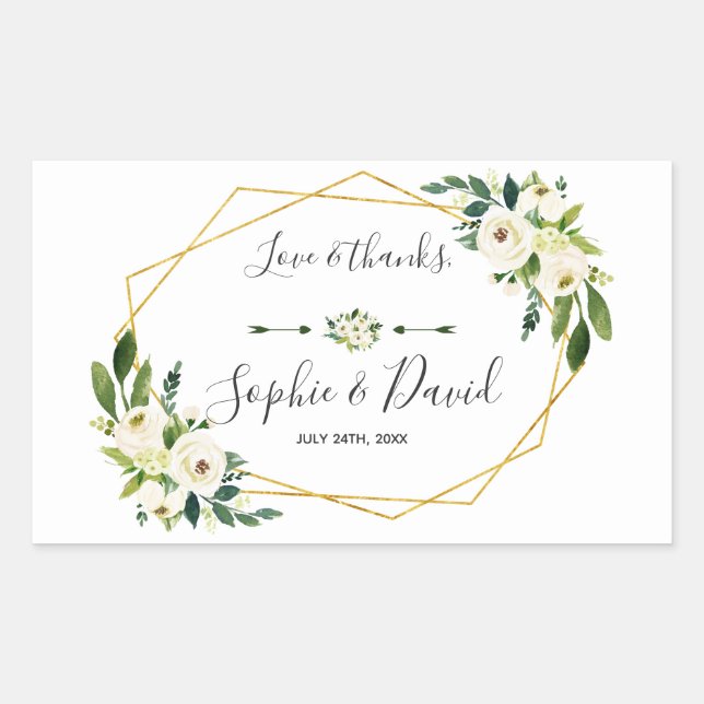 Elegant White Green Floral Gold Frame Wedding Sticker (Front)