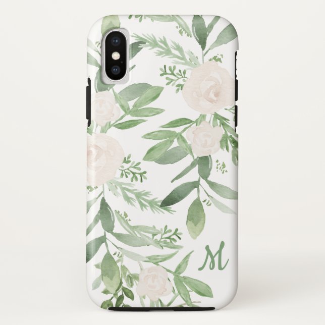 Elegant White & Green Floral Monogram Case-Mate iPhone Case (Back)