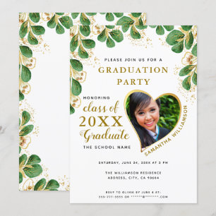 Elegant White Green Gold 2025 Photo Graduation Invitation