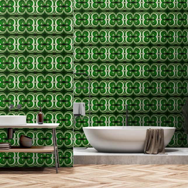 Elegant white green mirrored spiral M-size pattern Wallpaper (Bathroom)