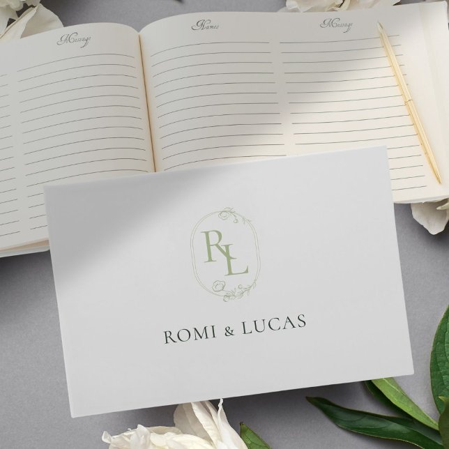 Elegant White & Green Monogram Wedding Guest Book (Creator Uploaded)