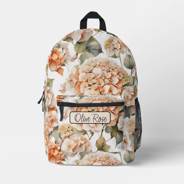 Elegant white green orange floral boho monogram printed backpack (Front)