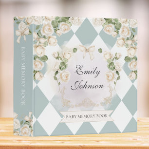 Elegant White Green Roses Baby Girl Memory Book Binder