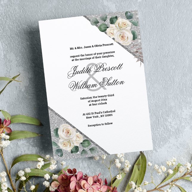 Elegant white green silver glitter floral wedding invitation (Elegant white green silver glitter floral wedding invitation )