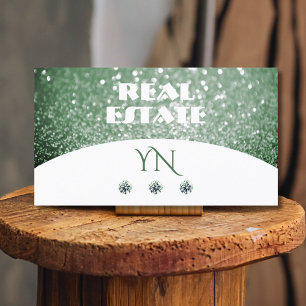 Elegant White Green Sparkle Glitter with Monogram Business Card