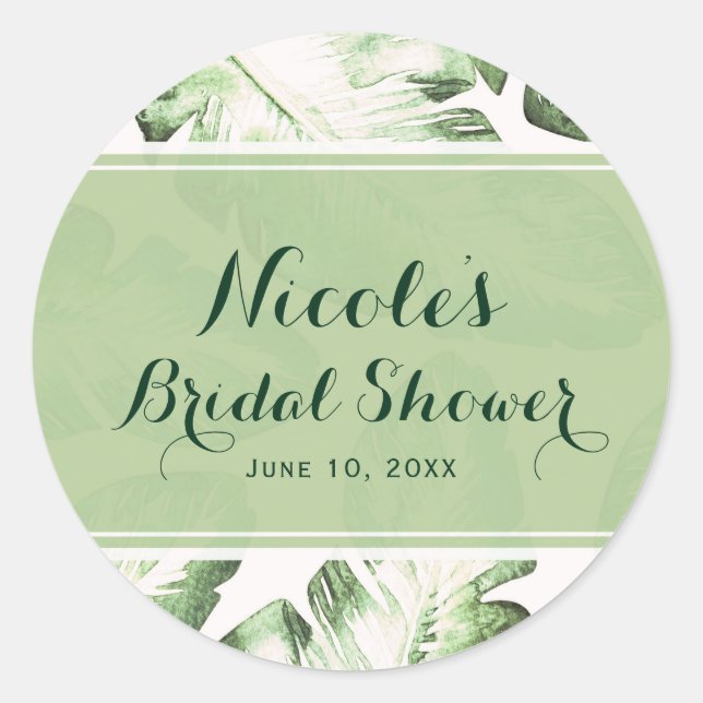 Elegant White Green Tropical Beach Leaves Favour Classic Round Sticker (Front)