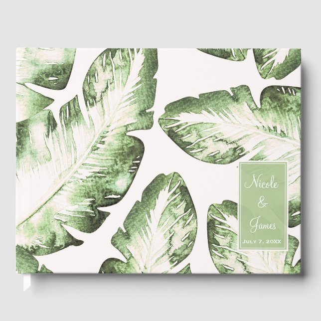 Elegant White Green Tropical Beach Leaves Wedding Guest Book (Front)
