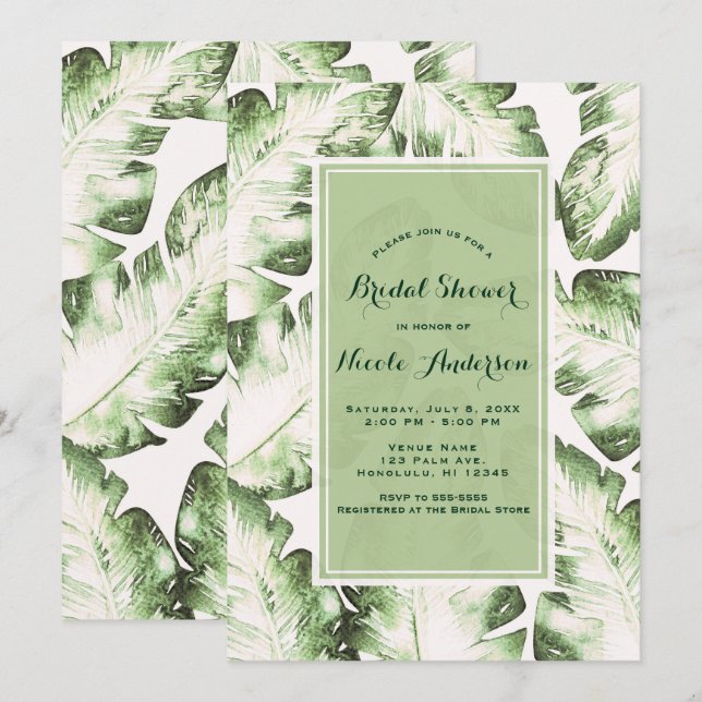 Elegant White Green Tropical Leaves Bridal Shower Invitation (Front/Back)