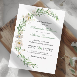 Elegant white green vintage floral wedding invitation