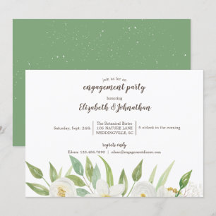 Elegant White & Green Watercolor Floral Engagement Invitation