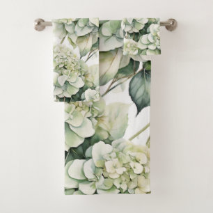 Elegant white green watercolor floral hydrangeas bath towel set
