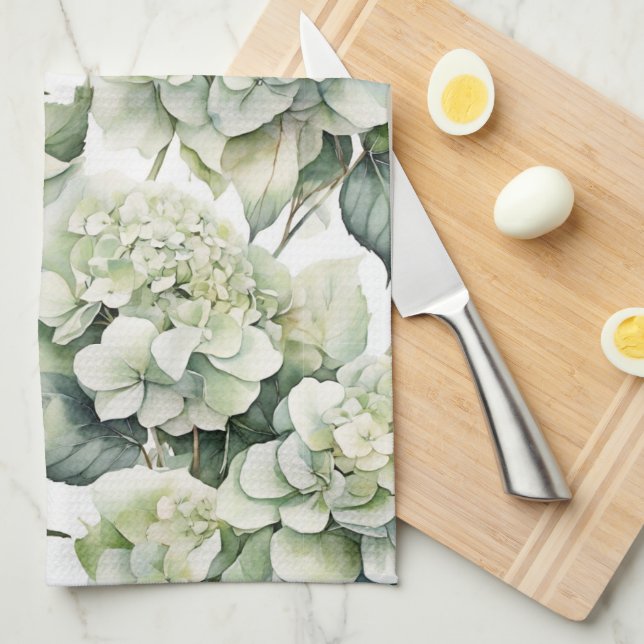 Elegant white green watercolor floral hydrangeas kitchen towel (Quarter Fold)